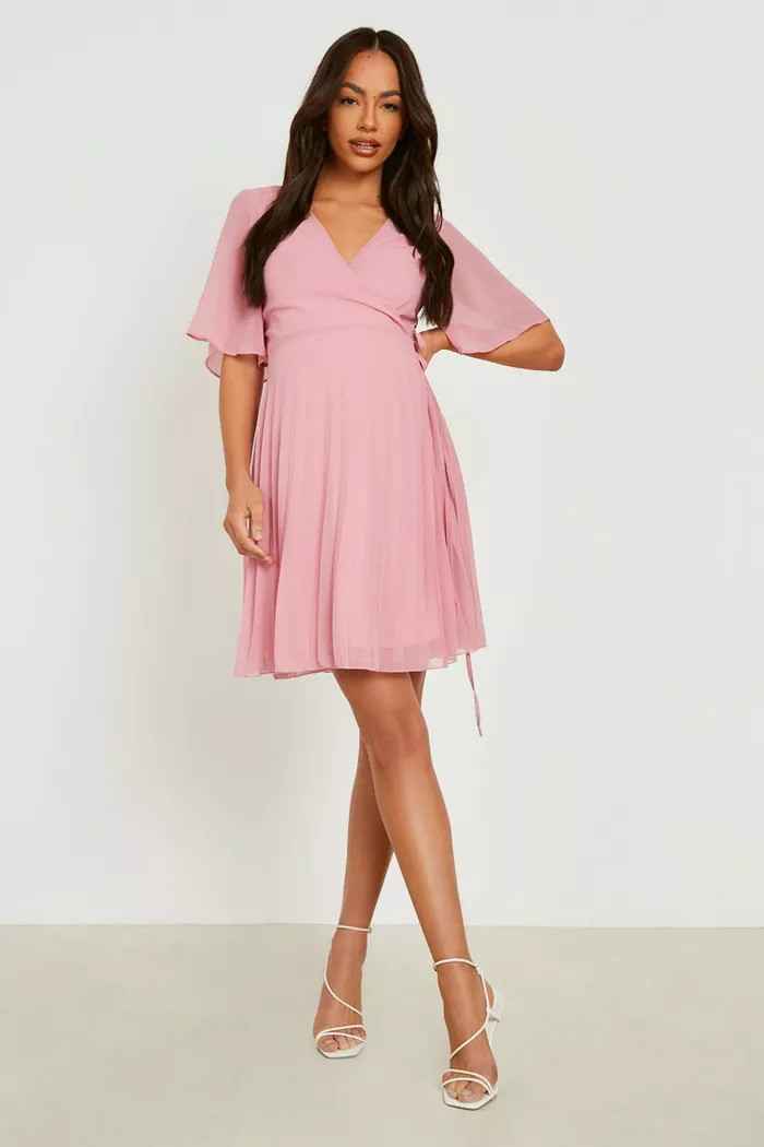 Maternity Pleated Wrap Skater Dress | Boohoo.com (US & CA)