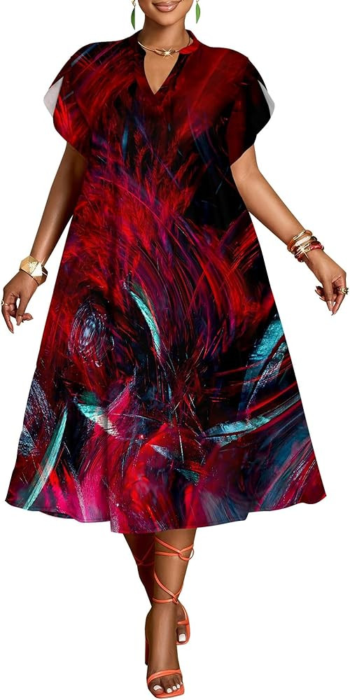 Sabtkz Summer Dresses for Women 2025 Elegant Casual Plus Size Ruffle Sleeve V Neck A-Line Flowy B... | Amazon (US)