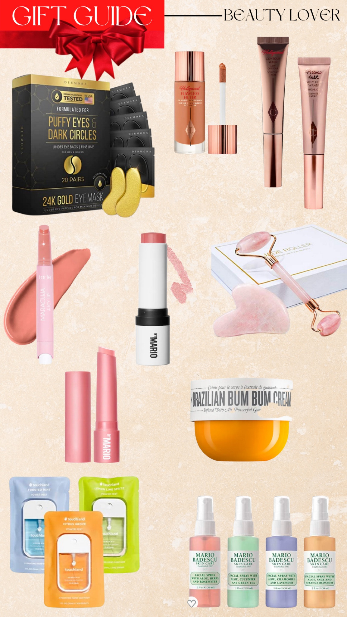 Gift, gift guide, gifts for beauty lover, beauty, makeup, Sephora, Amazon, ulta, sol de janiero, lotion, lipstick, blush, eye patches, Charlotte tilbury, flawless filter, gifts for her, gifts for sister, gifts for mom 

#LTKSeasonal #LTKGiftGuide #LTKHoliday