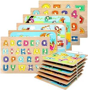 WOOD CITY Toddler Puzzles and Rack Set, Wooden Peg Puzzles Bundle with Storage Holder Rack, Educa... | Amazon (US)