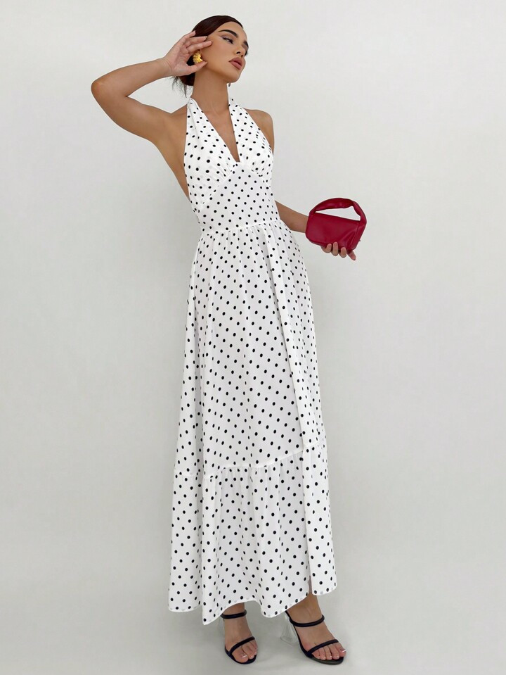 SHEIN Aloruh Romantic Vacation Deep V-Neck Polka Dot Dress With Cinched Waist For Women | SHEIN