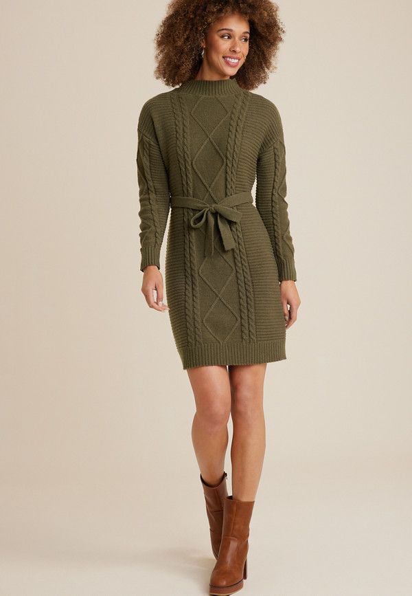 Olive Cable Knit Mock Neck Sweater Dress | Maurices