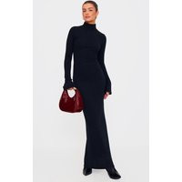 Black Rib High Neck Long Sleeve Maxi Dress, Black | PrettyLittleThing UK