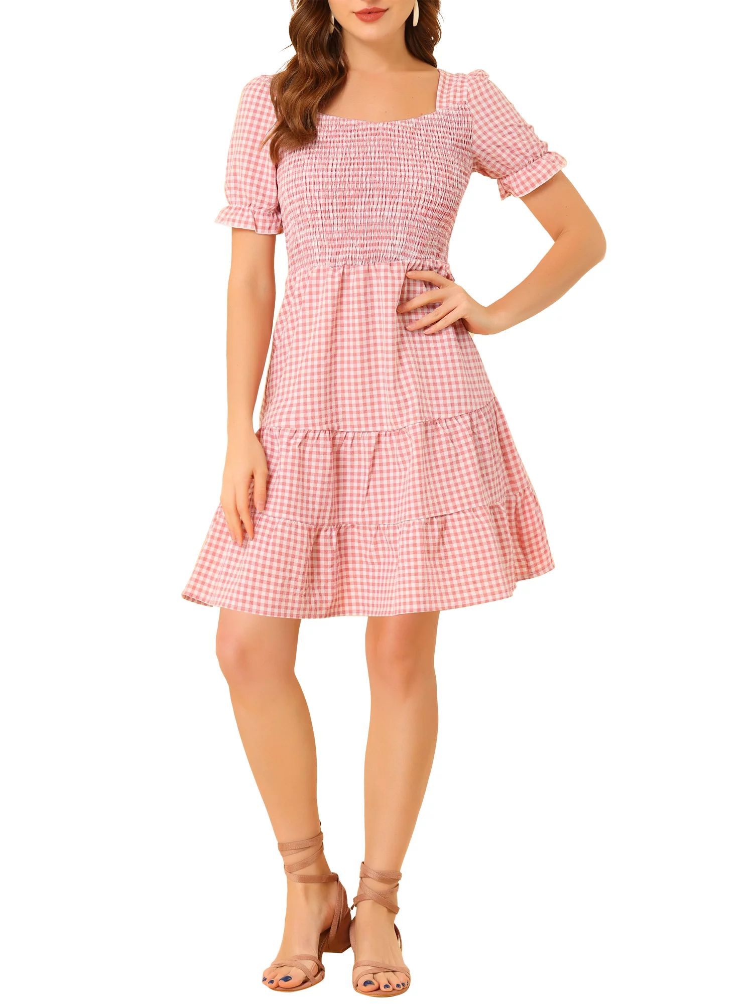 Allegra K Women's Plaid Ruffle Sleeve Smocked Layer Swing Mini Dress | Walmart (US)