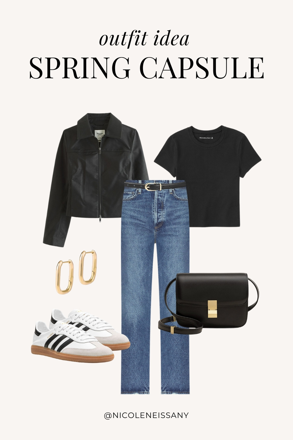 Spring outfit idea featuring my 2025 Spring Capsule Wardrobe staples | casual spring outfit, spring brunch outfit, spring date night outfit, spring date outfit, elevated casual spring outfit, spring work outfit, spring office outfit, casual spring outfit idea, spring outfits, spring shoes, 2025 spring trends, 2025 spring fashion trends, neutral capsule wardrobe, minimalist capsule wardrobe | leather jacket outfit, spring jacket, basic tee, t-shirt, medium wash denim, medium wash jeans, spring jeans, spring denim, adidas samba sneakers, adidas samba decon sneakers, gold square hoop earrings 

 