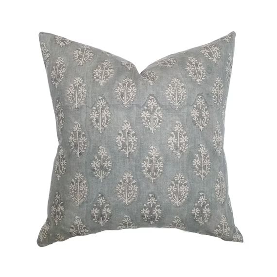 Silas  Muted Blue Floral Handblock Pillow Cover  Dusty Blue - Etsy | Etsy (US)