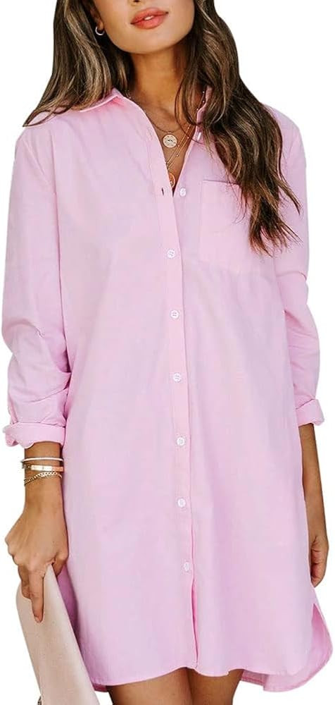 chouyatou Women's Casual Loose Fit Long Sleeve Solid Striped Button Down Shirts Dresses | Amazon (US)