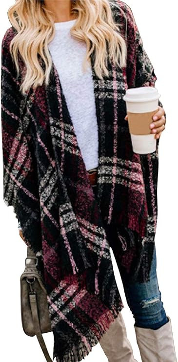 Womens Boho Plaid Poncho Open Front Shawl Wrap Cape | Tassel Fringe, Cardigan Sweater, Cozy Layer... | Amazon (US)