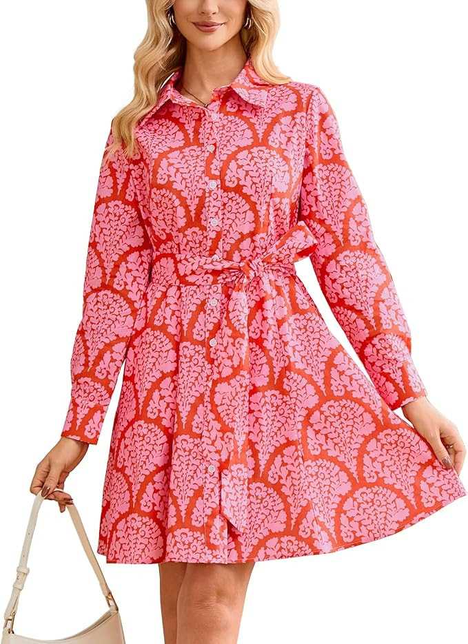 YEXPINE Women's Printed Button Down Shirt Dress Long Sleeve Collared V-Neck Belted Mini Dress wit... | Amazon (US)