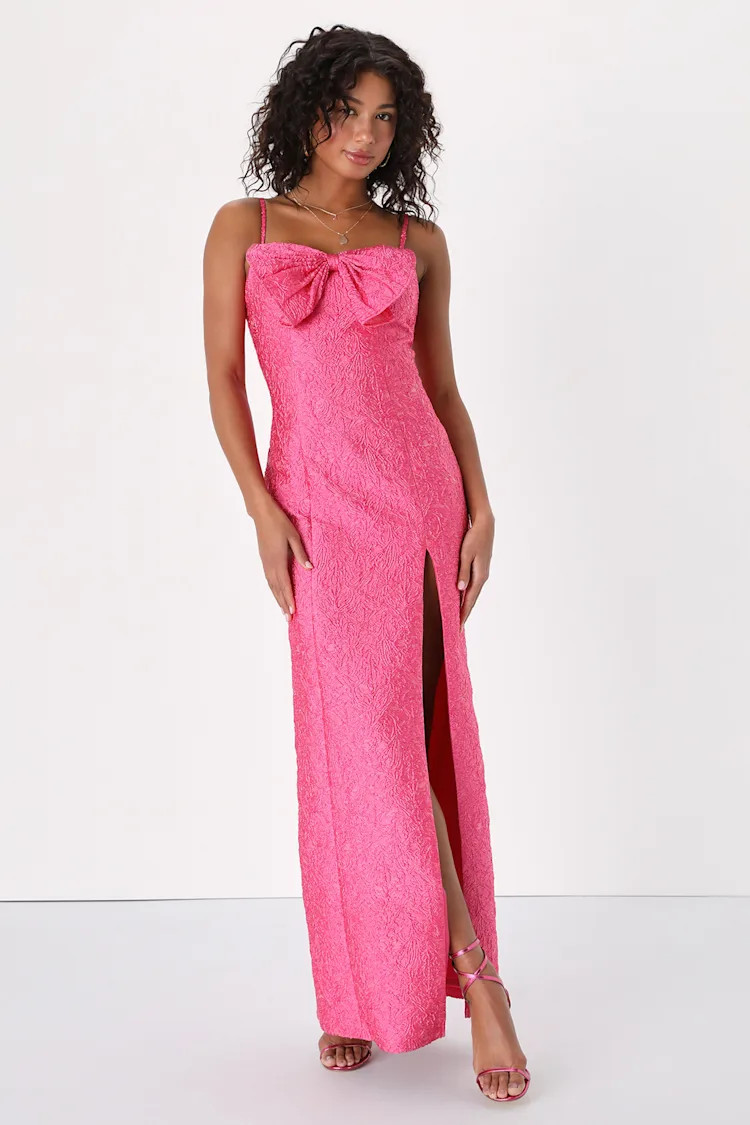 Cute Romantic Pink Jacquard Bow Sleeveless Maxi Dress | Lulus