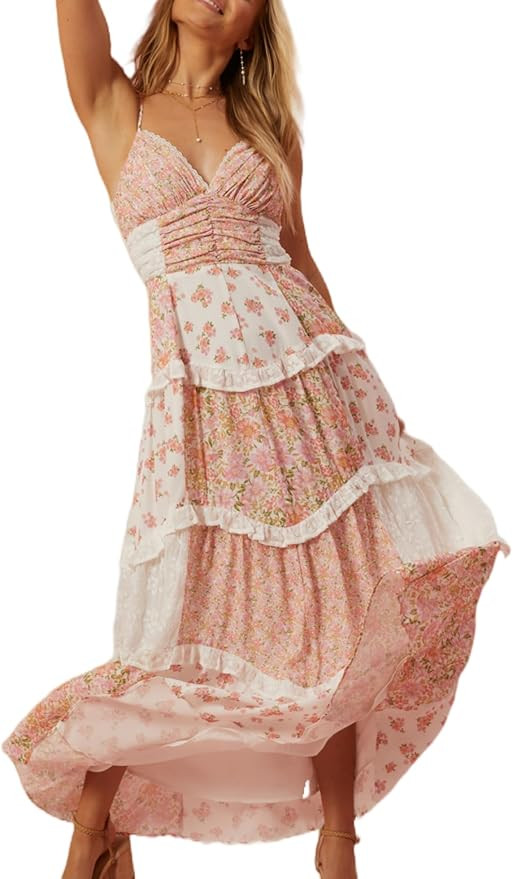 Women Boho Floral Tie Shoulder Maxi Dress Flowy Patchwork Smocked Long Sundresses Summer Ruffle Y... | Amazon (US)