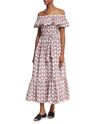 Galletti Printed Off-Shoulder Midi Dress, White Pattern | Bergdorf Goodman