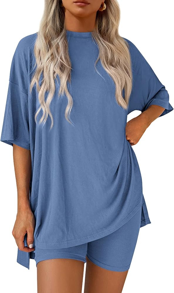 PRETTYGARDEN Women's Two Piece Lounge Set 2025 Summer Casual Oversized Shirts Biker Shorts Matchi... | Amazon (US)