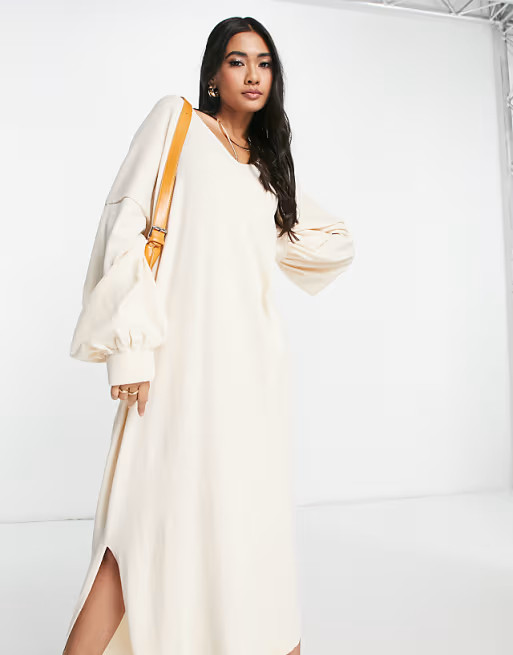 ASOS EDITION slouchy v neck midi jumper dress in cream | ASOS (Global)