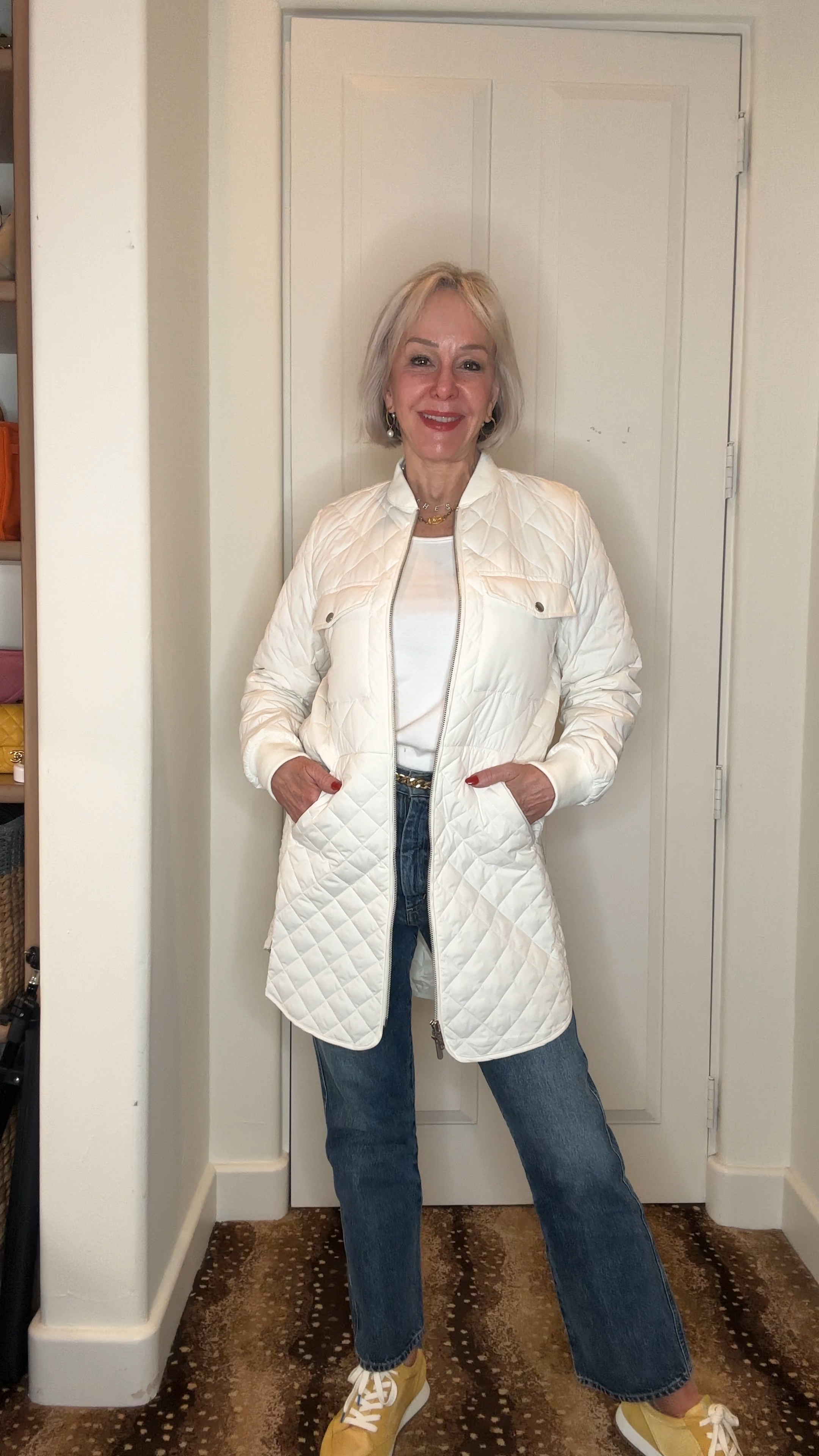 Quilted recycled polyester jacket. 
Stay toasty while on the go in this longline front-zip jacket crafted with pillowy-soft quilting. Sleek diamond quilting brings plush comfort and warmth to a water-resistant bomber jacket perfect for wearing on your way to and from the gym. Great for travel. Comes in black. Runs a little big. I am wearing a small One link is pictured in black with 2 sets of pockets and the other in off white with one set of pockets. 
#quitedjacket #rainresistent #travel #athleisure #wardrobebasic 

#LTKtravel #LTKover40 #LTKSeasonal