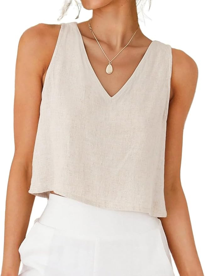 IDEALSANXUN Womens V Neck Cropped Linen Tank Tops Spring Summer Sleeveless Shirts | Amazon (US)