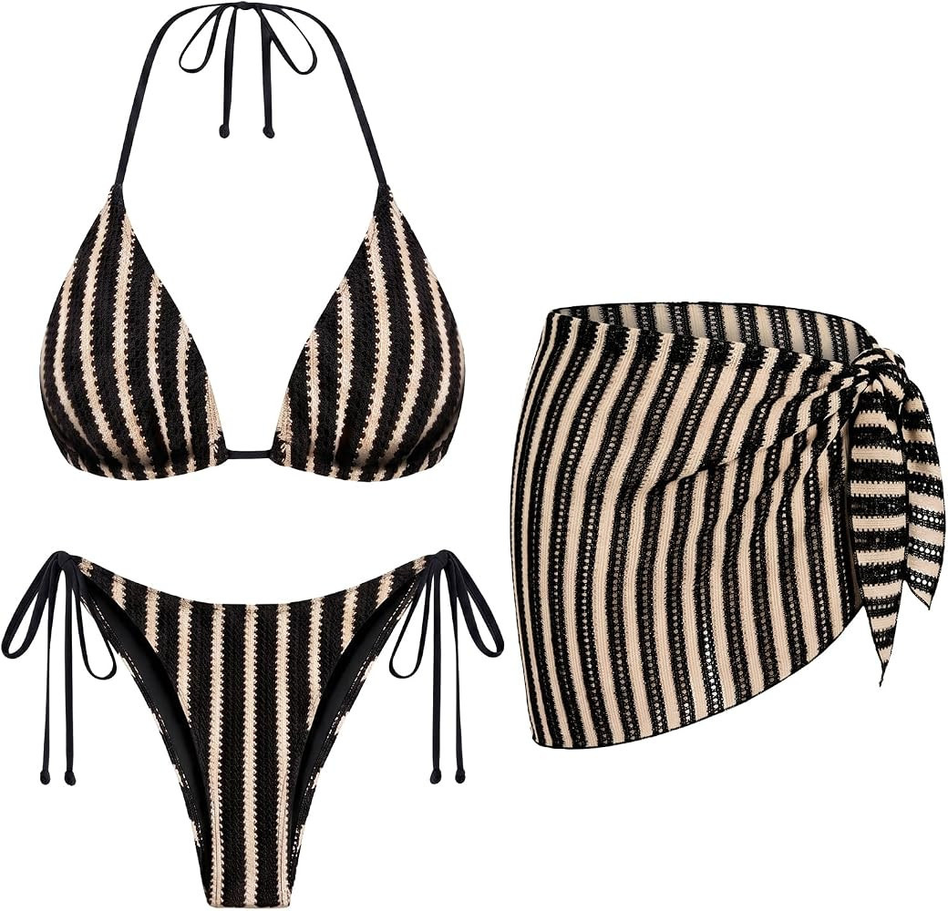 Women's 3 Piece Sexy Triangle Crochet Bikini Set - Halter Tie Side Swimsuit with Cover Up for Bea... | Amazon (US)