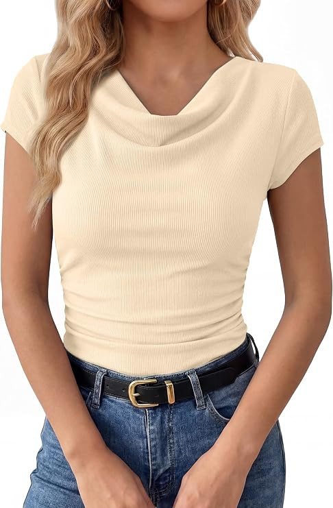 Womens Summer Cowl Neck Short Sleeve Tops Ruched Fitted T-Shirt | Ribbed Knit Top,Casual Tops,Fal... | Amazon (US)