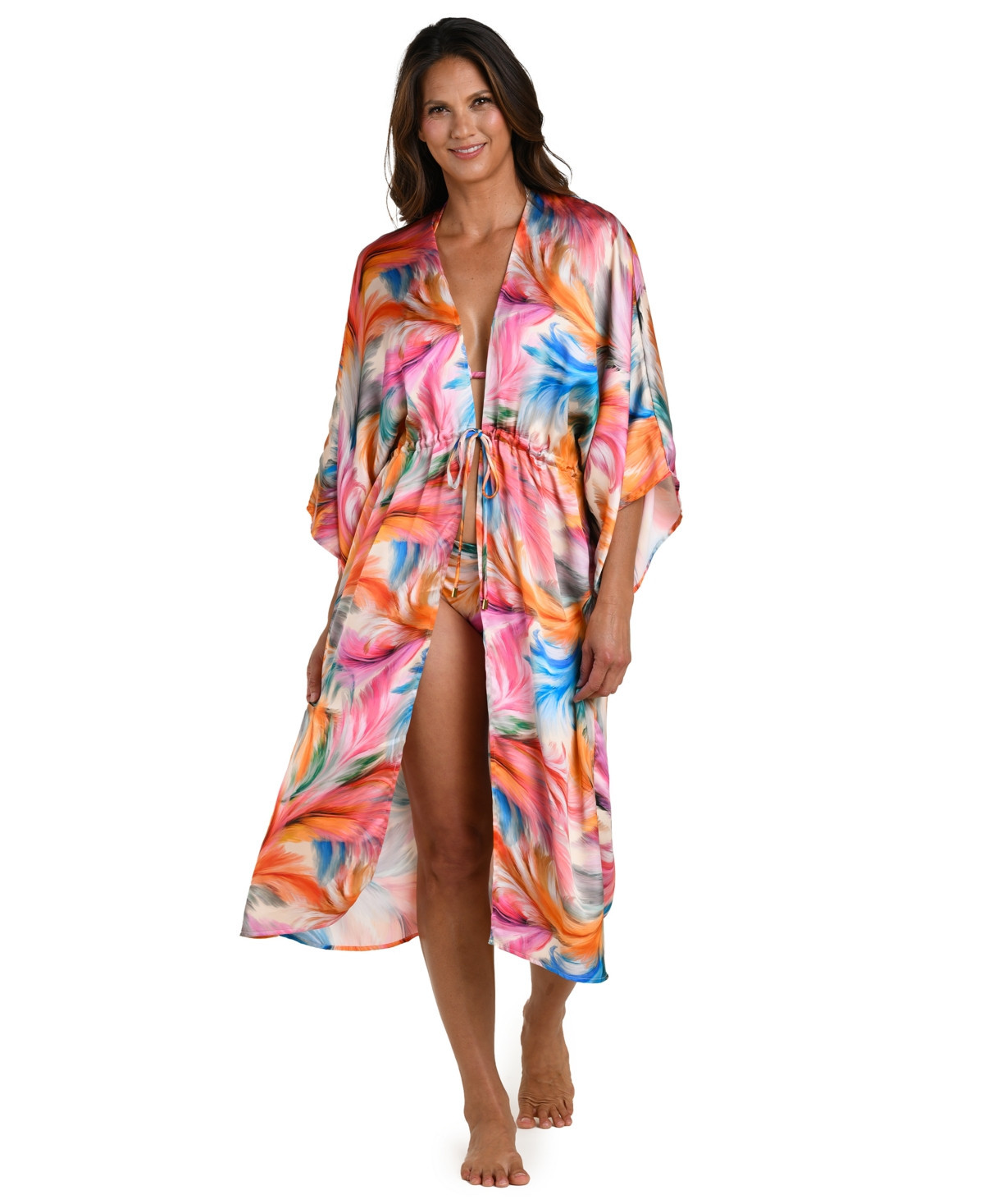 La Blanca Women's Feathered Impressions Front Tie Cover-Up Kimono Swim Dress - Multi | Macy's