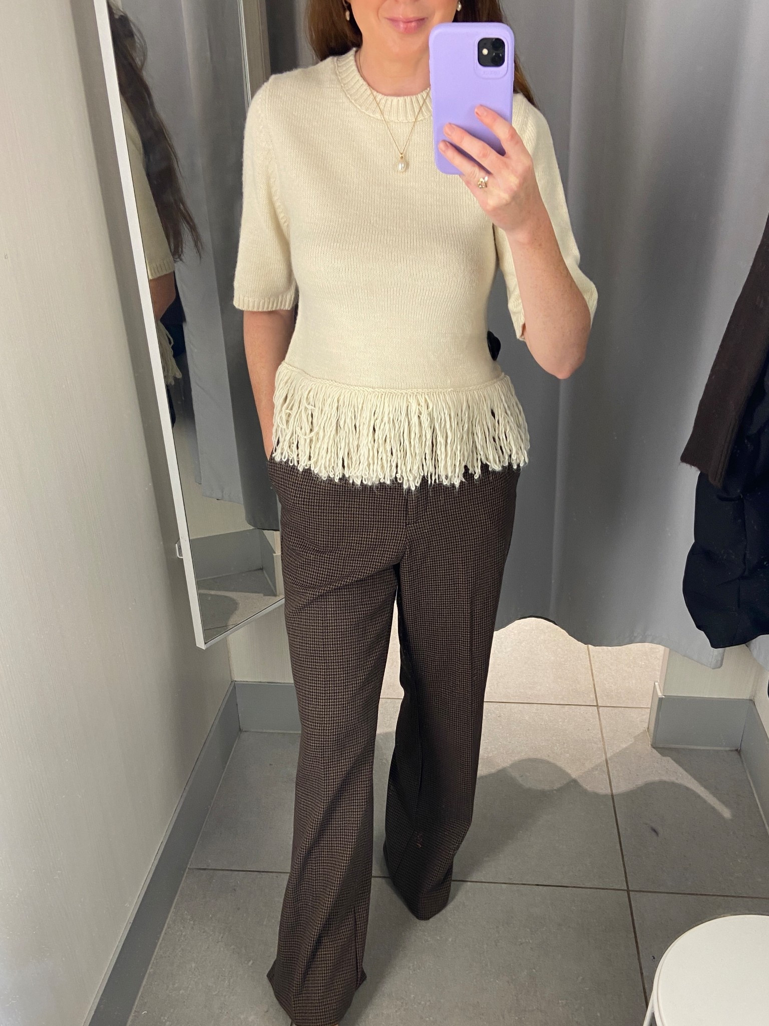 How gorgeous is this new H&M knit? 🤍 I’m obsessed with the fringe hem as it adds such a fun twist to a classic cream sweater. It’s perfect for pairing with tailored trousers or jeans for an elevated autumn look. Wearing a size small. H&M also have 15% off for 24 hours only if you’re a member 🤎☕️🍂 brown sweater, check trousers, chocolate brown outfit, autumn outfits 

#LTKWorkwear #LTKSeasonal #LTKSaleAlert