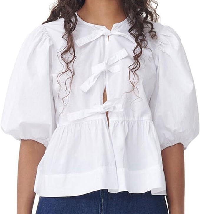 Tie Front Tops for Women Leopard Print Peplum Babydoll Top 3/4 Length Puff Sleeve Coquette Tops C... | Amazon (US)