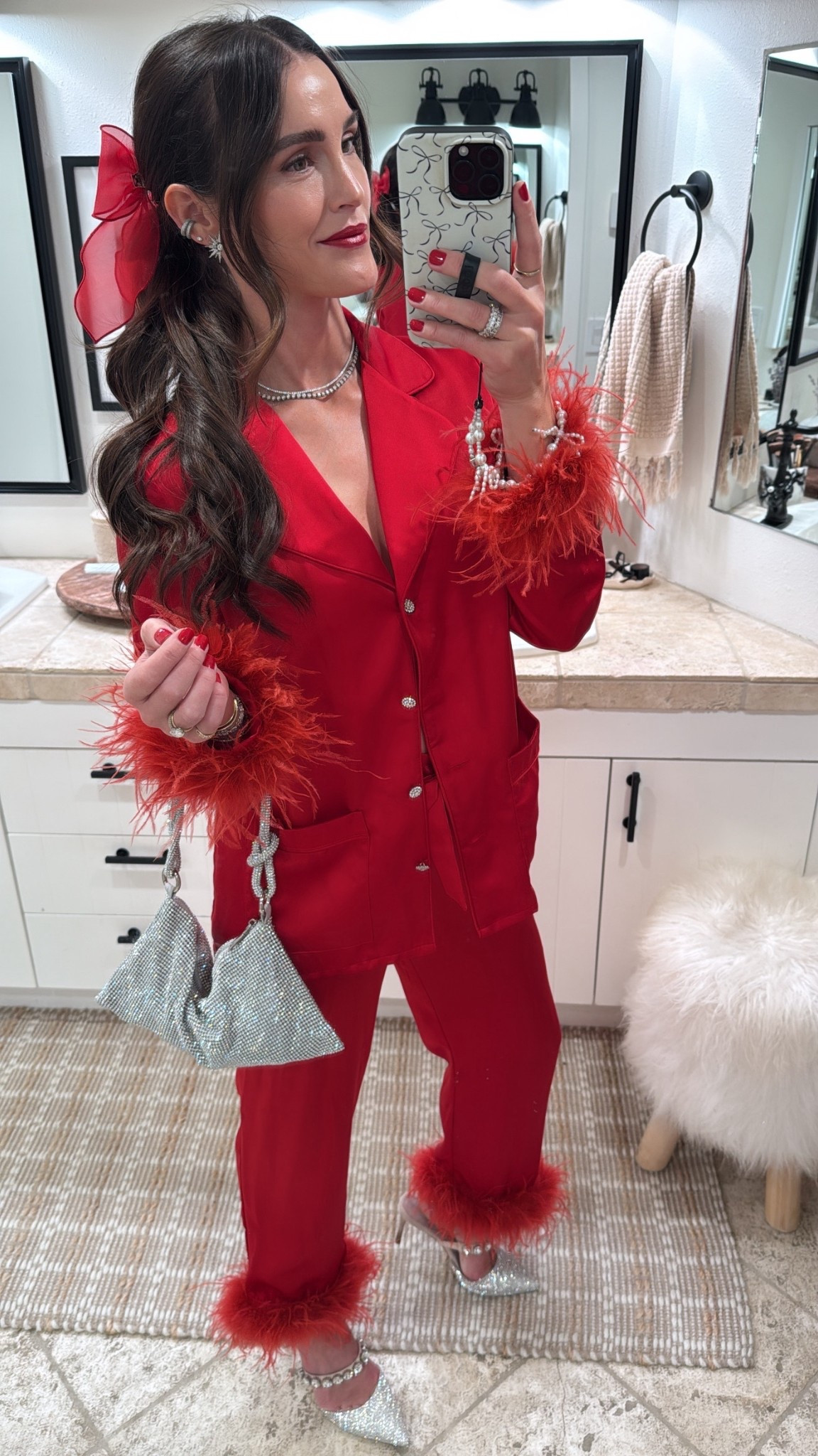 Holiday party look!
+ silk pjs (linked similar)
+ sparkle bag - Amazon find!
+ crystal heels
+ red hair bow
+ red holiday lip 
+ jewels 💫

Christmas pajamas 

#LTKBeauty #LTKootd #LTKHoliday
