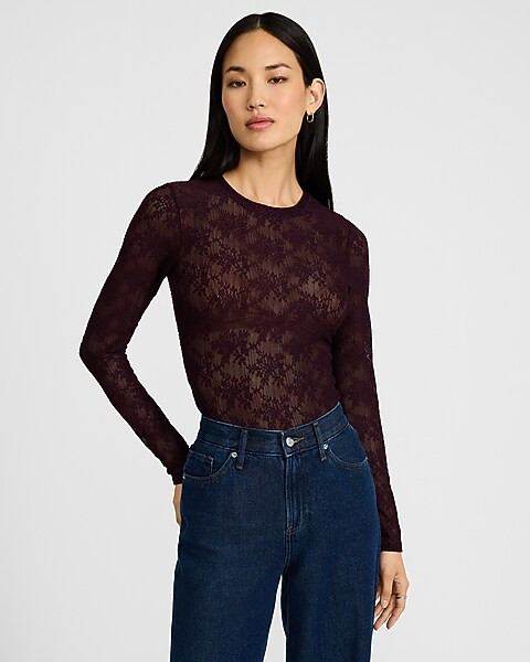 Lace Crew Neck Long Sleeve Bodysuit | Express