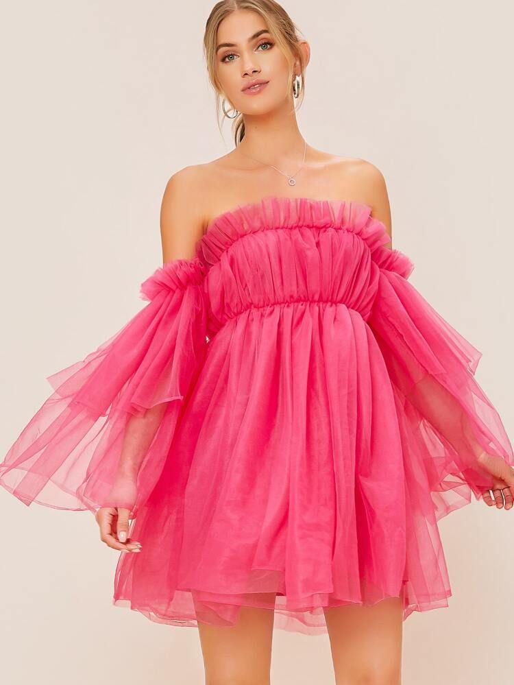 Off Shoulder Layered Ruffle Detail Mesh Babydoll Dress | SHEIN