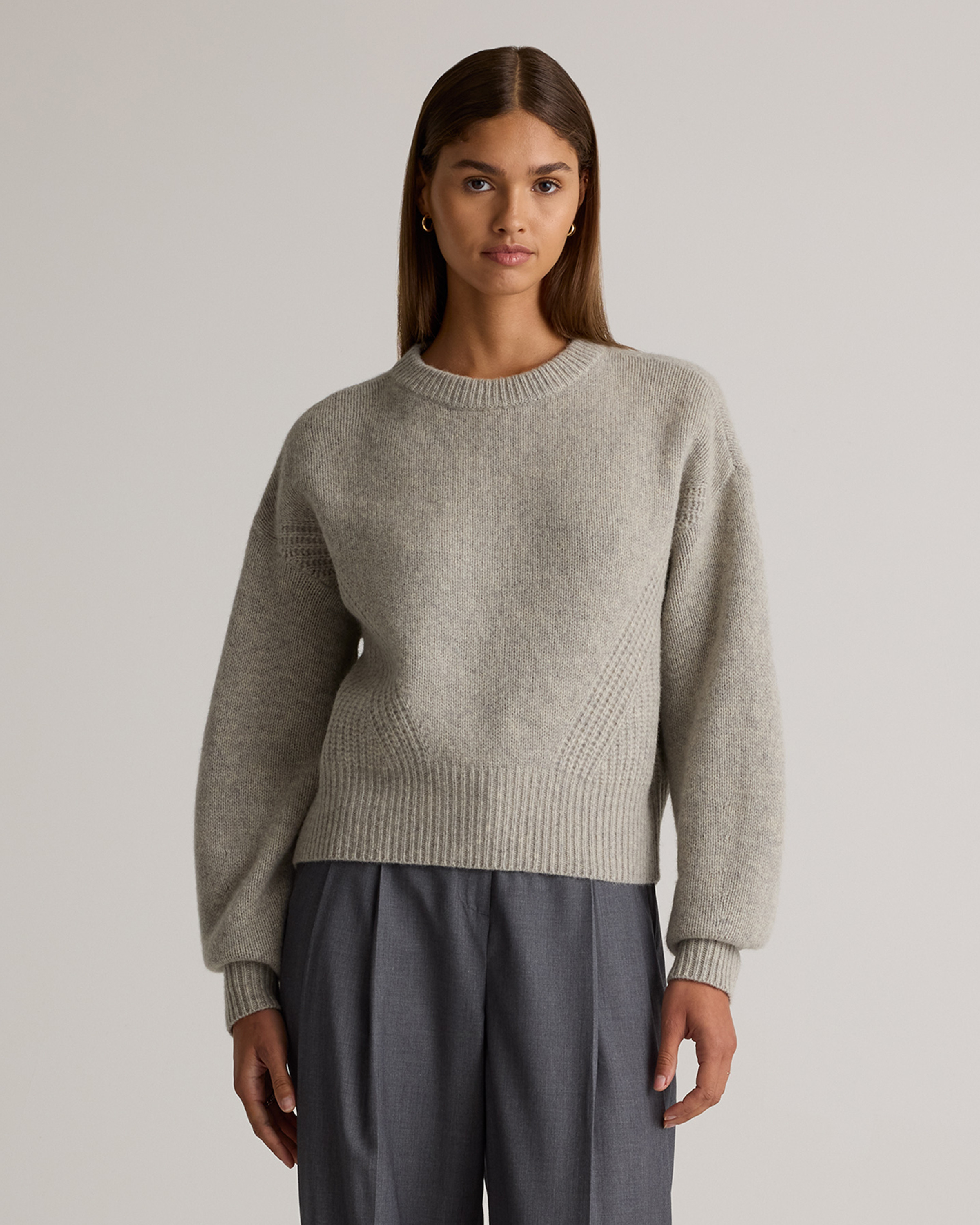 Quince | Women's 100% Yak Wool Pointelle Detail Relaxed Crew Neck Alpaca Sweater in Warm Heather Grey, Size Small | Quince