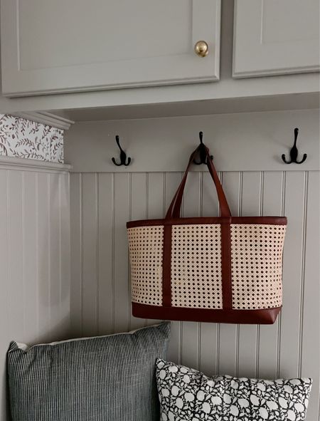 Mudroom details! Paint color is BM Revere Pewter and this cane and leather tote from Target is a favorite!! 

#LTKSeasonal #LTKHome #LTKFindsUnder50