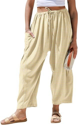 TARSE Womens Linen Wide Leg Plaid Pants Casual Barrel Loose Drawstring Low Waist Palazzo Harem Pants with Pockets(BrownWhite,XXL) | Amazon (US)