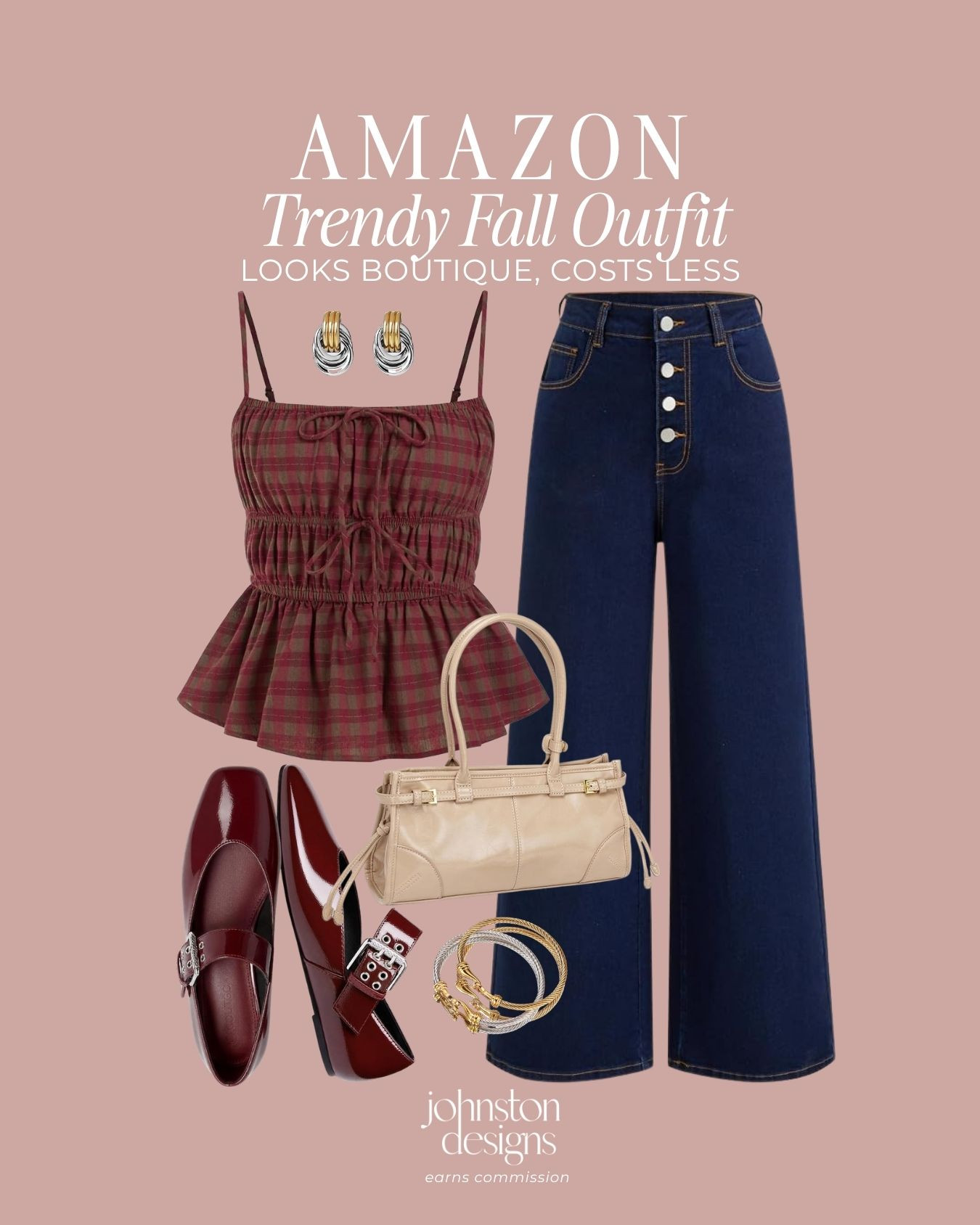 A boutique look for less that brings all the trendy autumn vibes. 🍷 A smocked plaid peplum Cami top pairs with high-waisted button-fly wide-leg denim, elevated with deep burgundy mary jane flats, a cream satchel handbag, textured silver and gold mixed-metal earrings, and stacked bracelets.

Amazon trendy fall outfit, plaid peplum cami top, button fly wide leg jeans, burgundy patent mary jane flats, cream top handle satchel bag, silver gold mixed metal earrings, stacked cable bracelets, boutique style on a budget, women’s Amazon fashion, fall outfit ideas

#amazonfinds #amazonfashion #falloutfit #boutiquestyle #plaidtop #widelegjeans #maryjanes #burgundyfashion #trendyfallstyle #affordablefashion 

 #LTKootd #LTKSeasonal