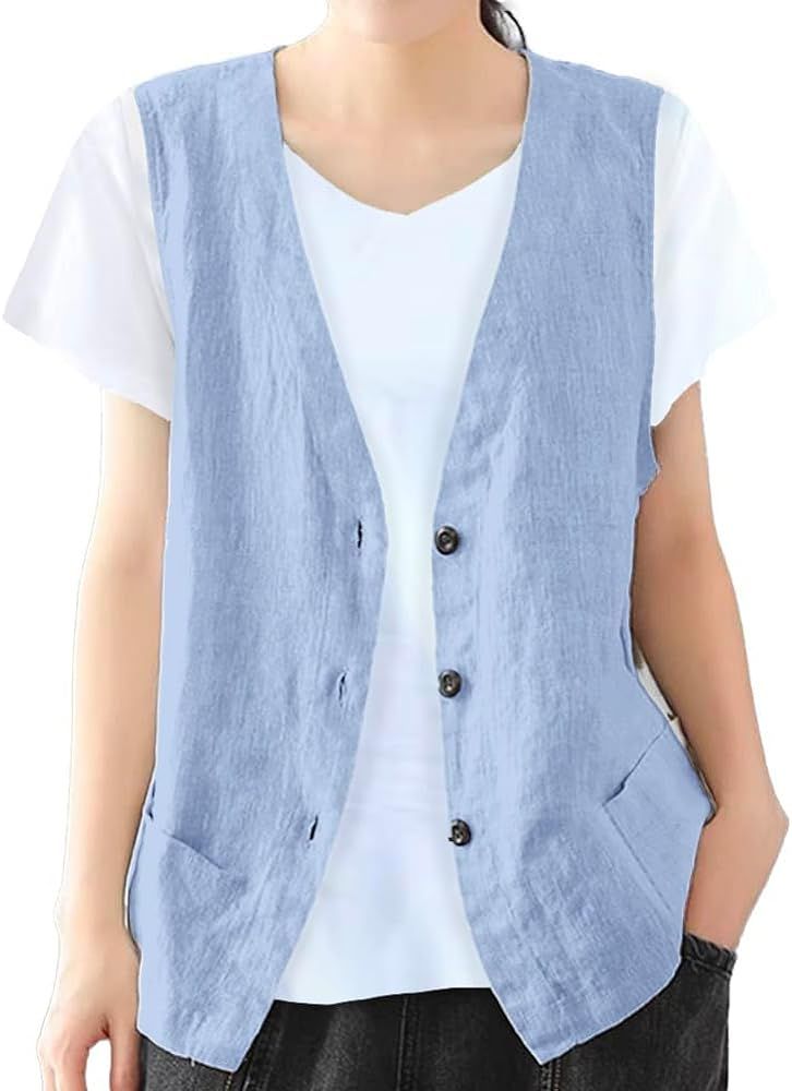 IDEALSANXUN Womens Cotton Linen Vest Casual Sleeveless Blazer Cardigans Lightweight Jacket Waistc... | Amazon (US)