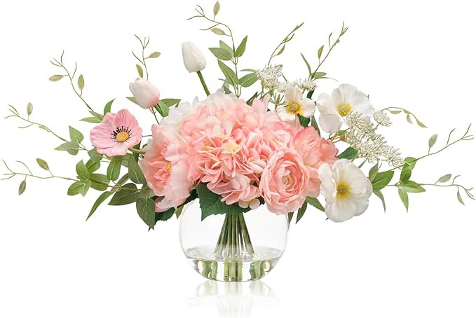 Artificial Flowers in Vase, WELL KNOWN Fake Silk Peony Tulip Hydrangea Pink & White Flower Bouque... | Amazon (US)