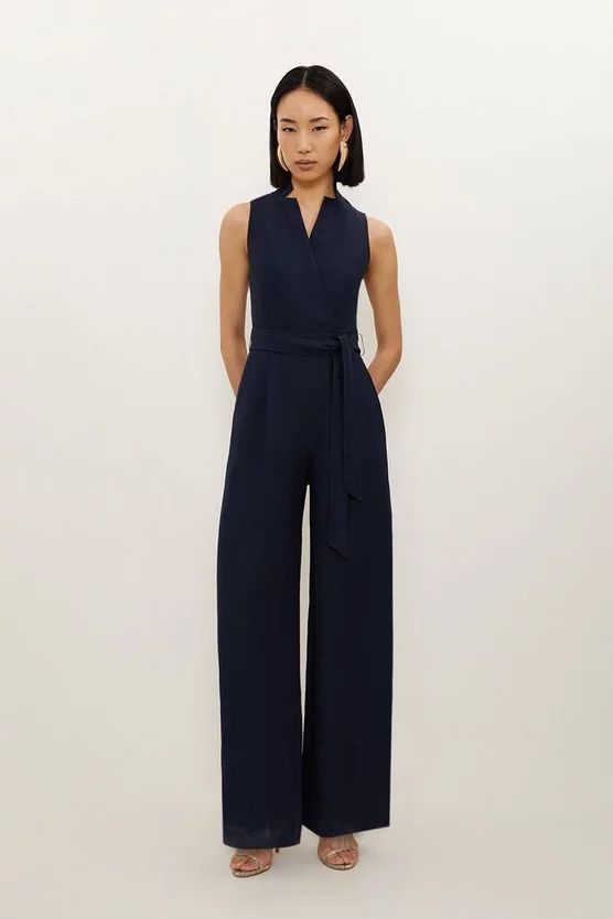 Premium Tailored Linen Notch Neck Belted Straight Leg Jumpsuit | Karen Millen US