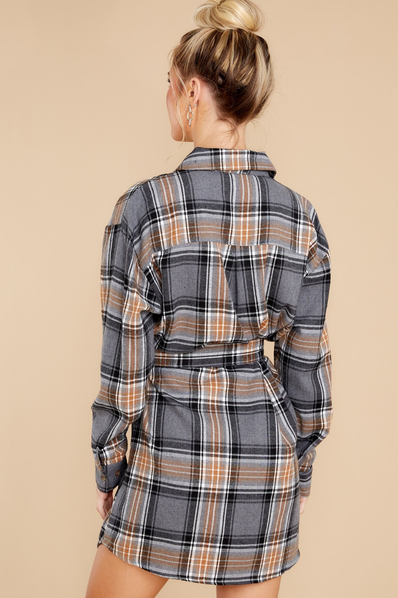 Make Time Grey And Caramel Plaid Dress | Red Dress 