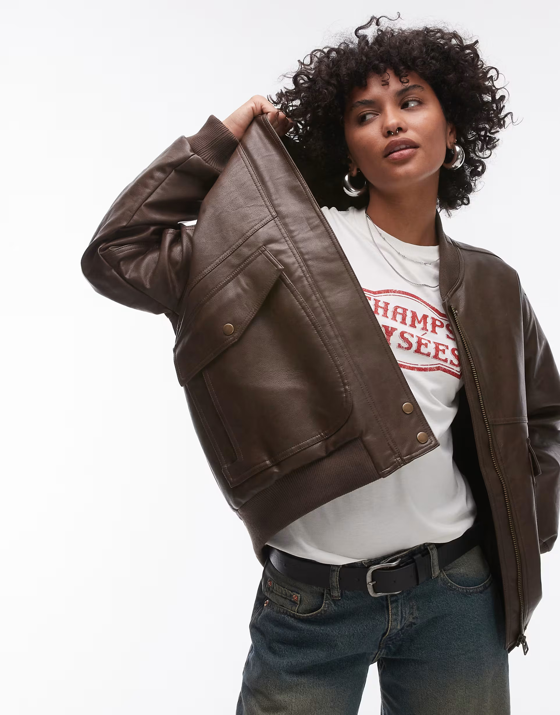 Topshop faux leather super oversized bomber jacket with borg lining in brown | ASOS (Global)