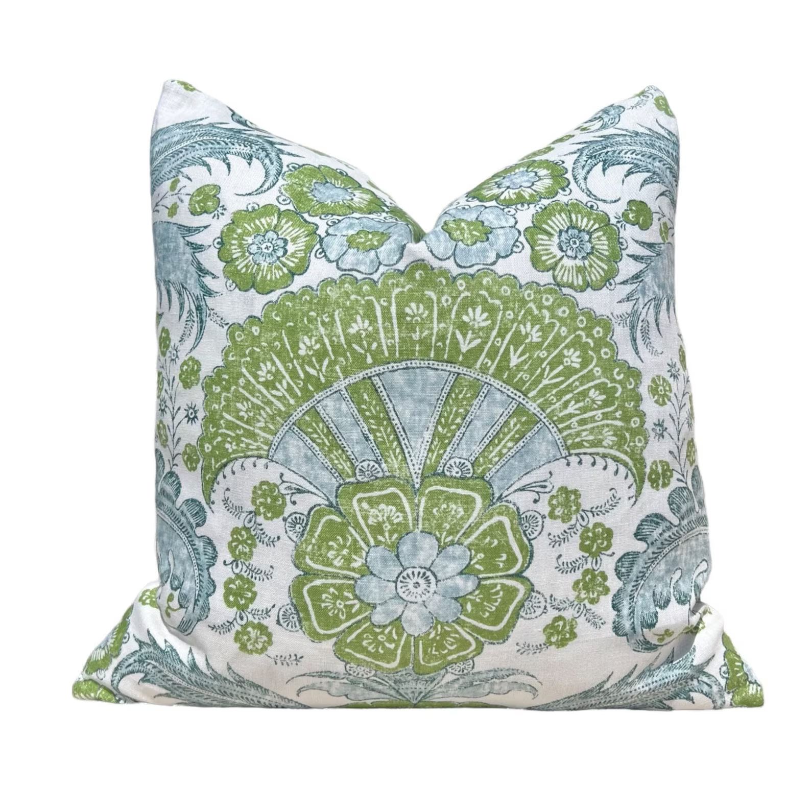 Schumacher Calicut Linen Pillow in Aqua and Green. Designer Pillows, High End Pillows, Aqua Blue ... | Etsy (US)