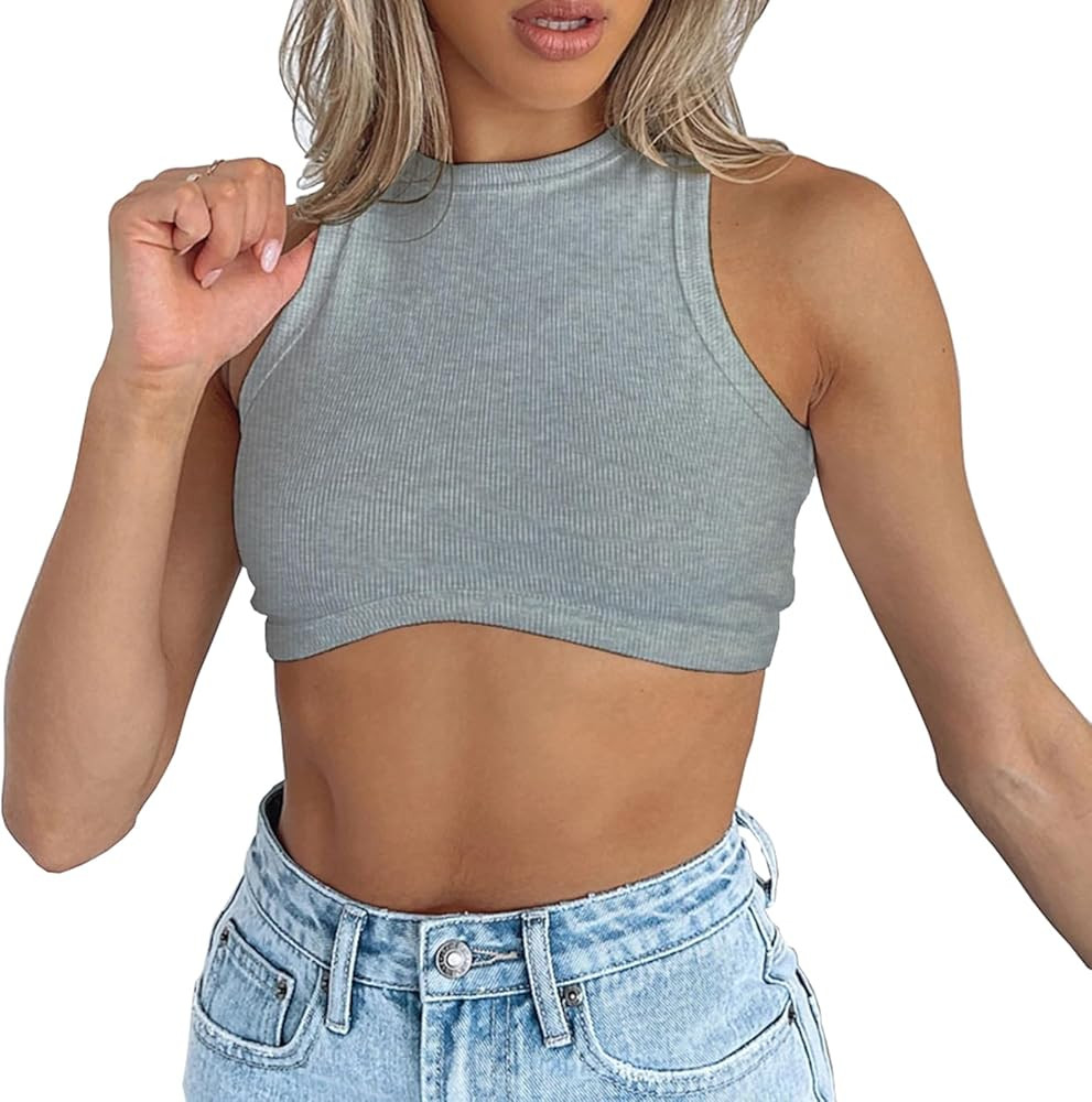 Dwnval Sexy Sleeveless Crewneck Tank Top Ribbed Knitted Crop Tops for Women | Amazon (US)