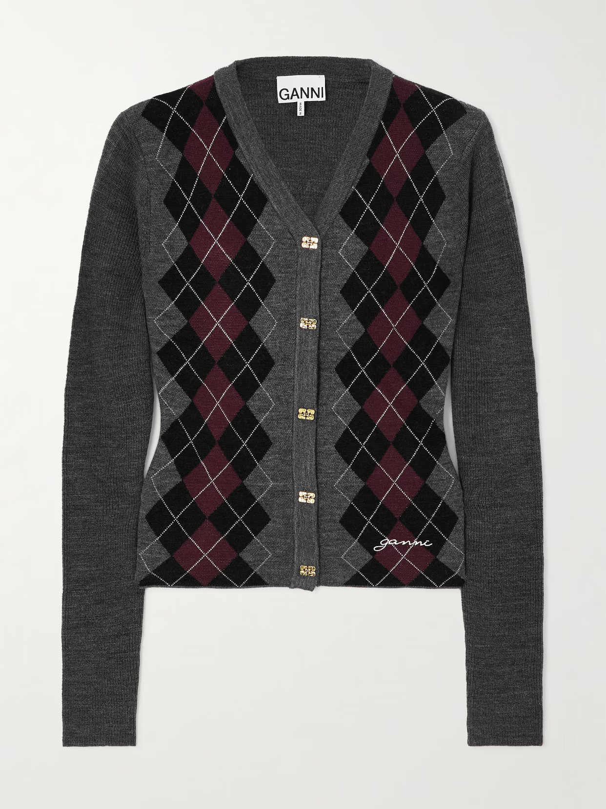 GANNI - Argyle Merino Wool Cardigan - Dark gray | NET-A-PORTER (UK & EU)