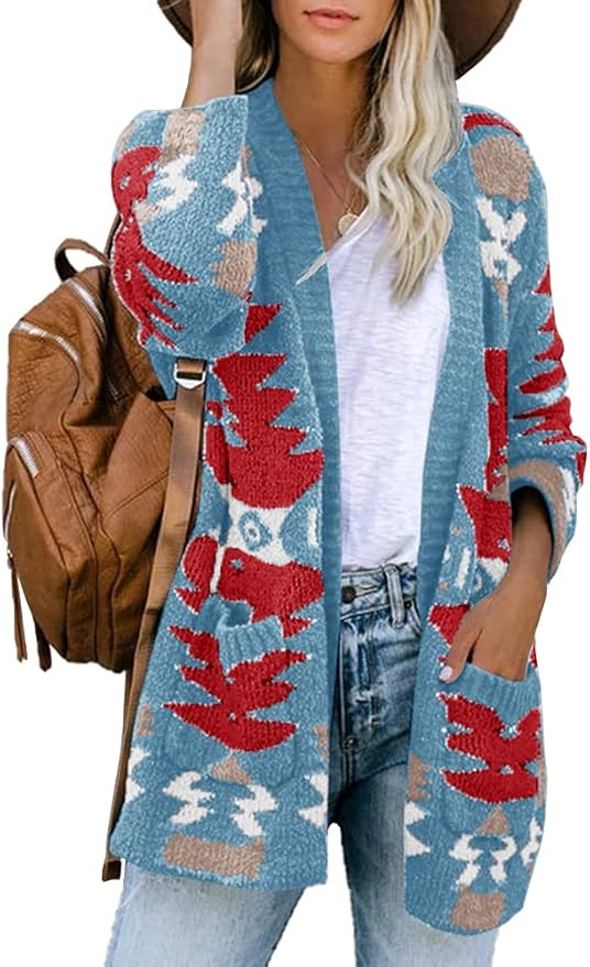 FERBIA Women Boho Cardigan Aztec Open Front Loose Slouchy Sweaters Tribal Long Sleeve Knitted Chr... | Amazon (US)