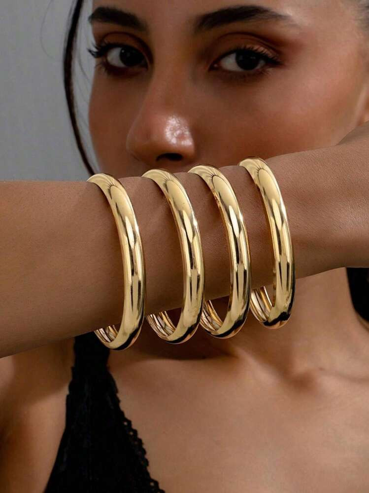 4pcs Thin Metallic Glossy Bangle Bracelets, Suitable For Holiday Parties, Dance Parties And Dates... | SHEIN