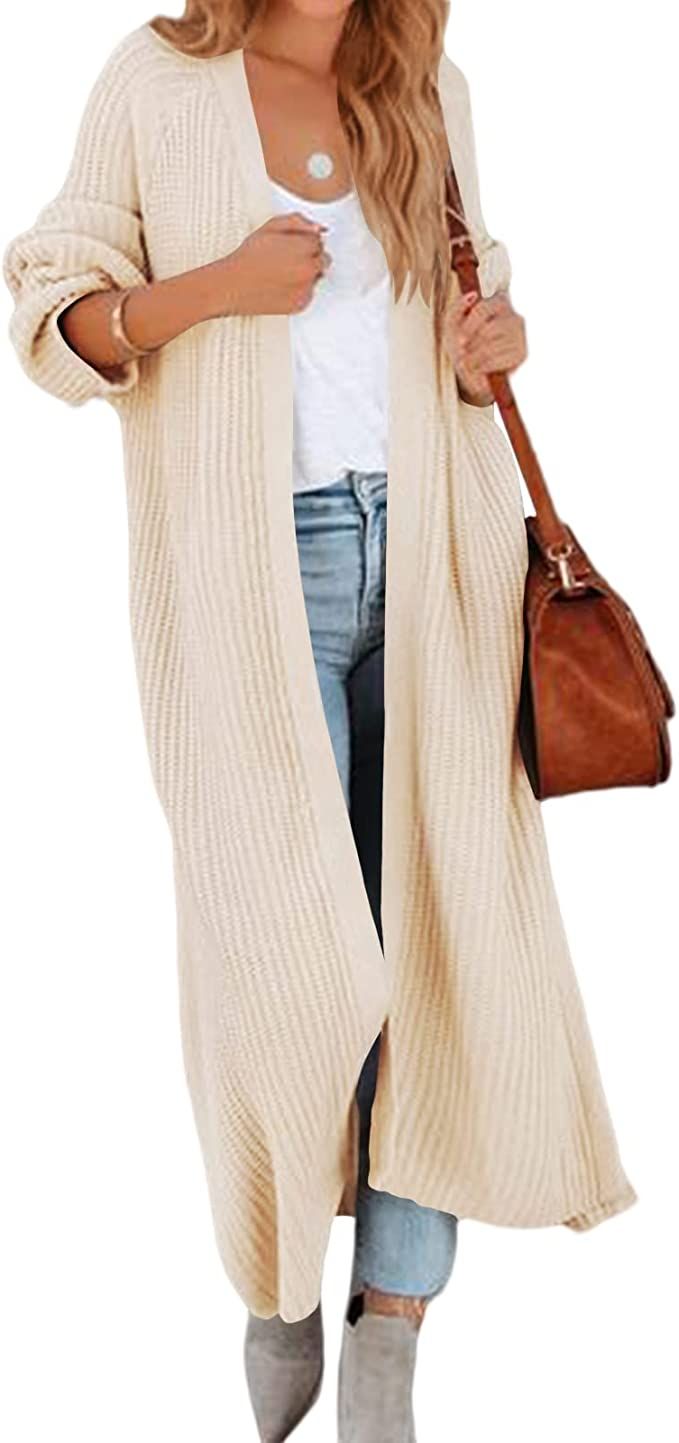 Women's Oversized Long Cardigan Sweaters Long Sleeve Split Open Front Drape Knit Duster Coat Beig... | Amazon (US)