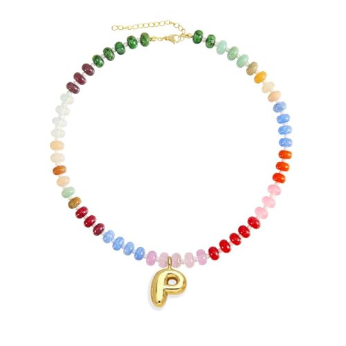 Hoifu Boho Colorful Beaded Necklace with Gold Bubble Letter A-Z Pendant,Handmade Trendy Beach Initial Necklace Chain,14K Gold-Plated Natural Stone Choker, Perfect Jewelry Gift for Women (Gold, P) | Amazon (US)