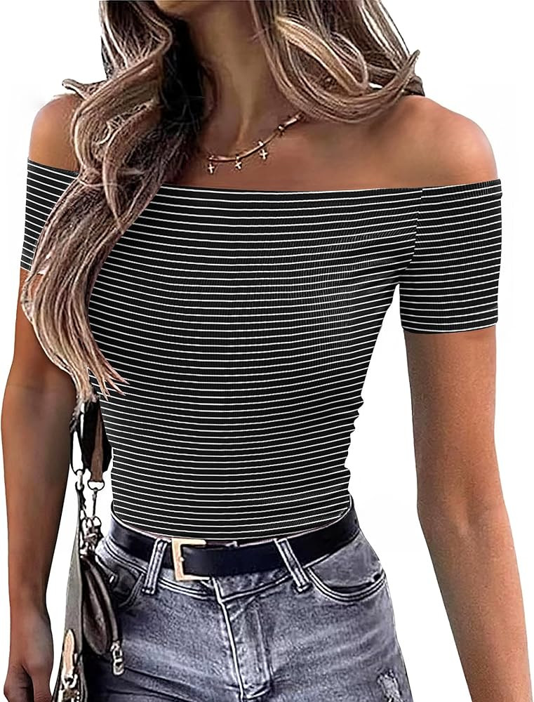 OwnTime Sexy Off the Shoulder Tops for Women Summer Short Sleeve Shirts Ribbed Slim Fitted Trendy... | Amazon (US)