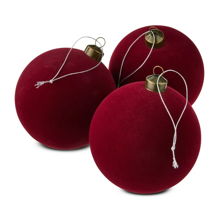 4 Count Dark Red Flocked Ball Christmas Ornaments, 4.5", by Holiday Time | Walmart (US)