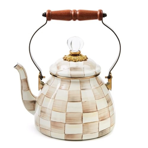 MACKENZIE-CHILDS Enamel Tea Kettle, Stylish Tea Kettle for Stovetop, Brown-and-White Mocha Check, 2 Quarts | Amazon (US)