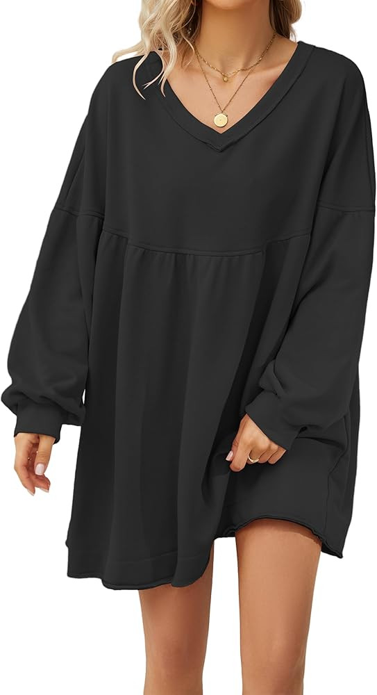 Dsewpaur V Neck Oversized Sweatshirt Mini Dress for Women Solid Casual Loose Pullover Tunic Drop ... | Amazon (US)