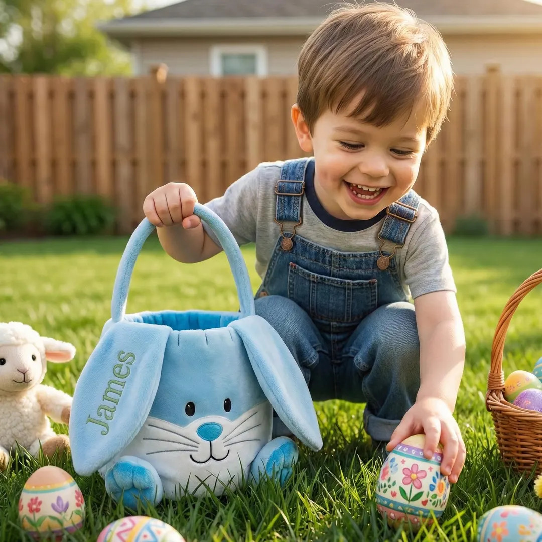 Personalized Blue Easter Basket Boy, Custom Name Bunny Bucket 2026, Embroidered Plush Bag for Son... | Etsy (US)