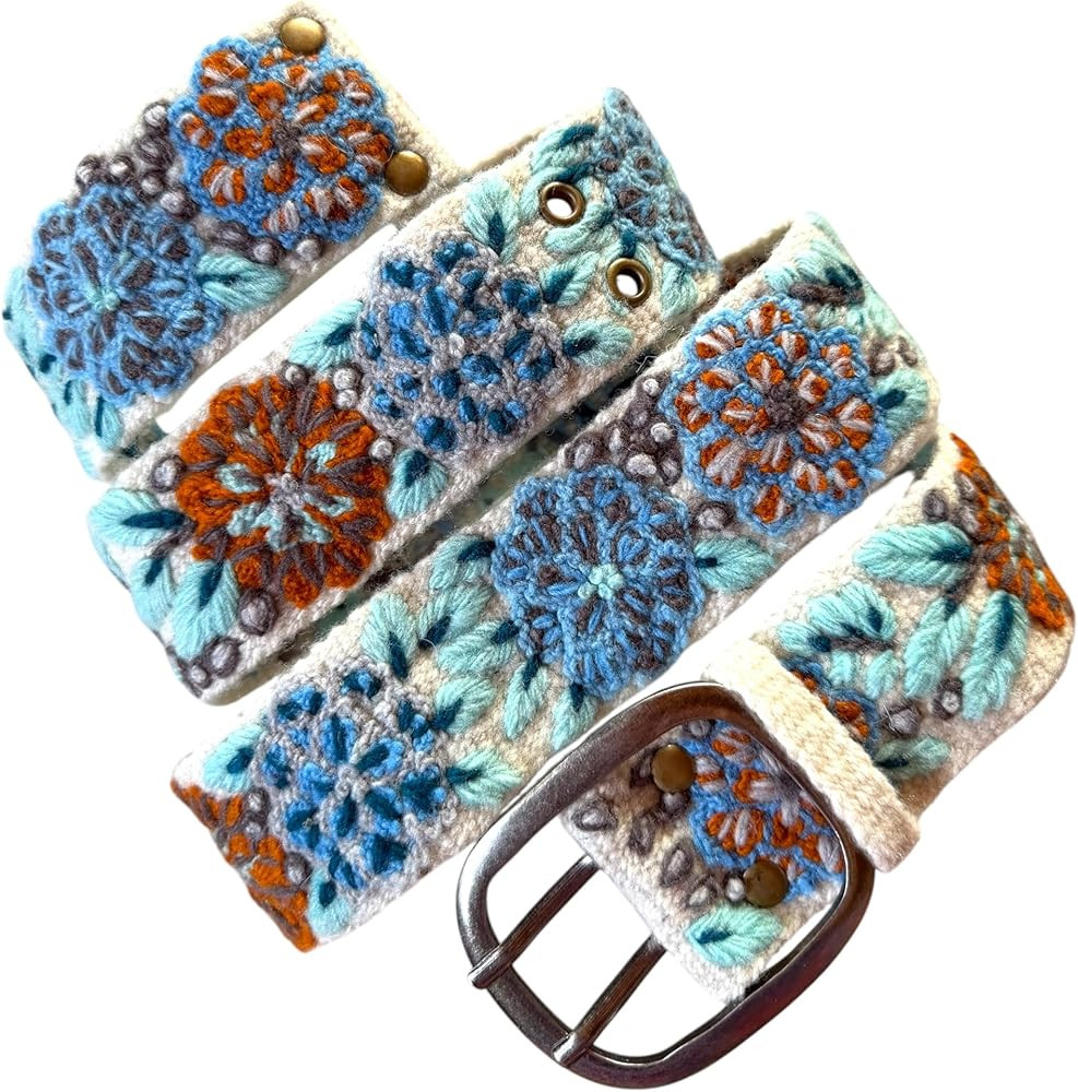 Peruvian Embroidered Belt for Women, Wool, Handmade, Fair Trade - Azure Blossom | Amazon (US)